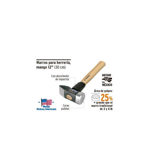 MARRO MAZO 3 LB 12" MANGO DE MADERA PARA ALBAÑILERIA HERRERIA MULTI USOS TRUPER