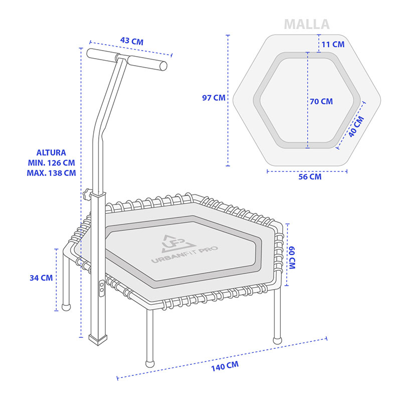 Trampolin Hexagonal Con Barra Agarradera Fitness Ejercicio Gym Workout Gris Unitalla