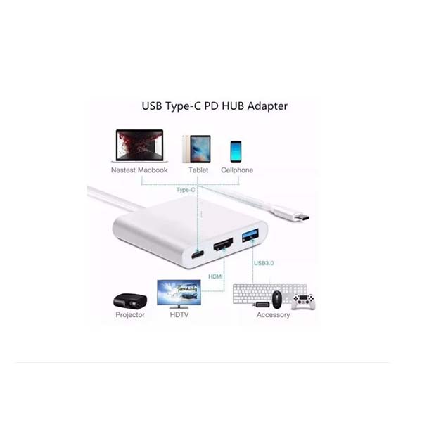 Adaptador 3 en 1 de entrada de puerto Tipo C (PD) a salida HDMI y USB 3.0