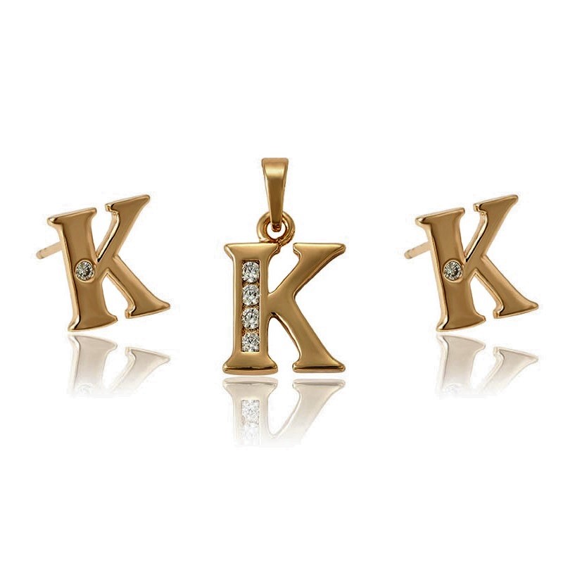 Juego Aretes, Cadena y Dije Letra K Baño de Oro Rosa INCLUYE Caja Para Regalo Farcelli Jewelry