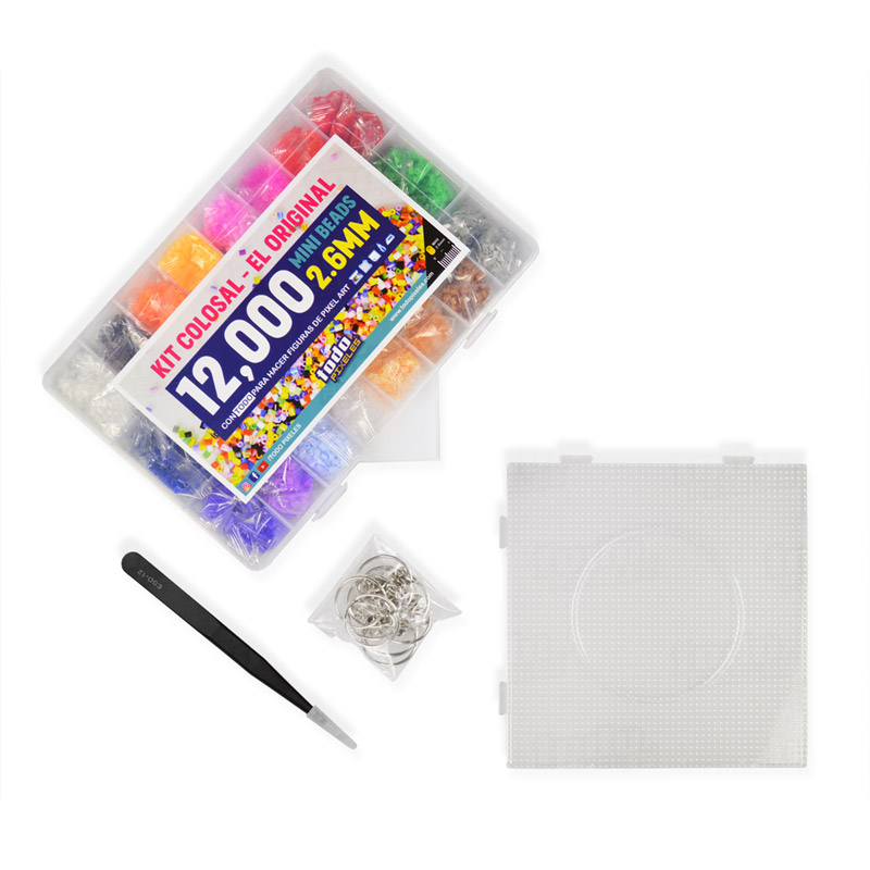 Kit Colosal 12,000 MINI Hama Beads de 2.6mm, Tablero, Pinza, Papel y Llaveros - Perler Pixel Art