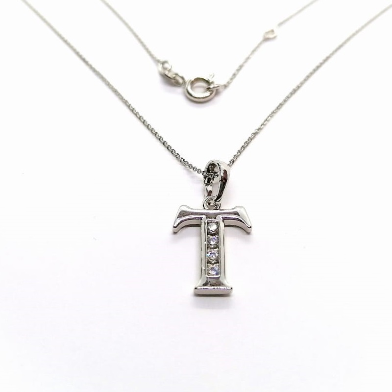 Dije Letra T Baño de Rodio INCLUYE Cadena y Caja Para Regalo Farcelli Jewelry