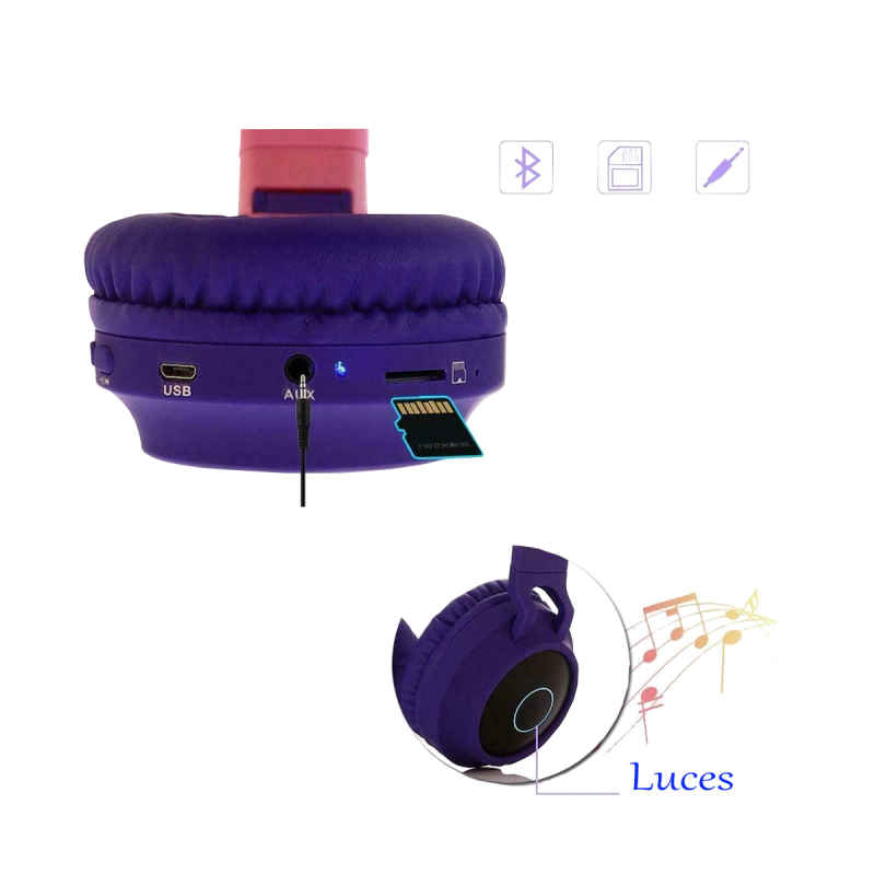 Audífonos Bluetooth Cat Orejas De Gato Con Luz Led Micro SD Auriculares Inalambricos