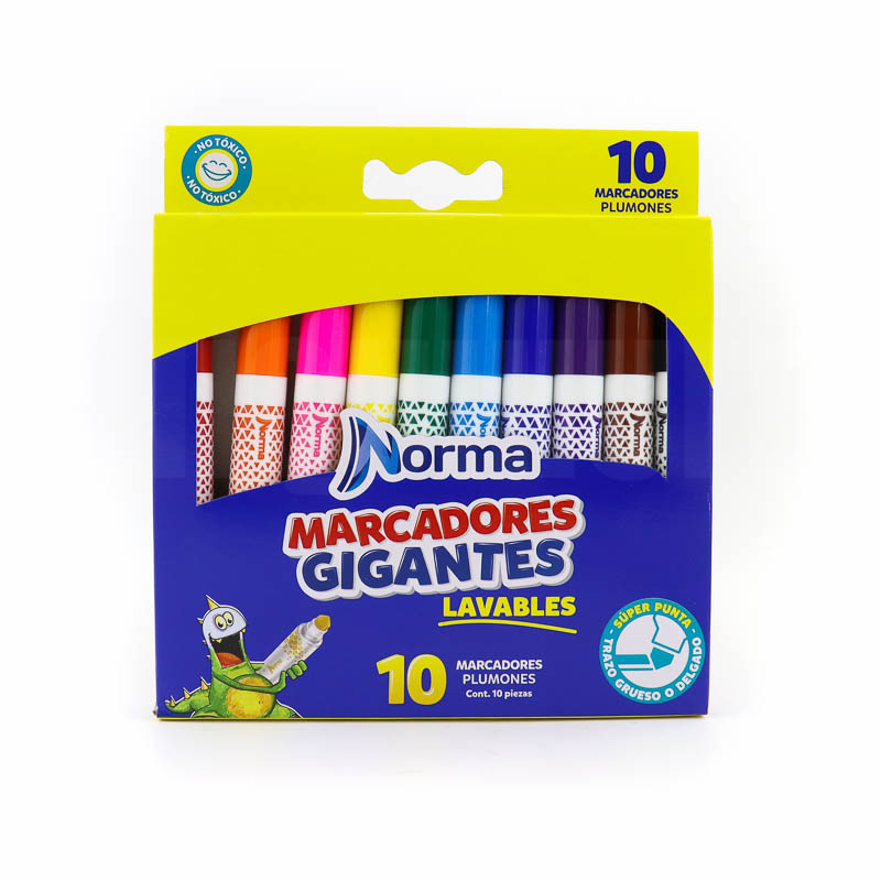 Marcadores Norma Gigantes Agua 10 Colores Trazo Grueso y Delgado