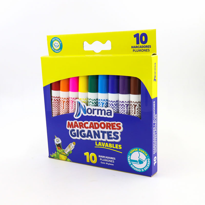 Marcadores Norma Gigantes Agua 10 Colores Trazo Grueso y Delgado