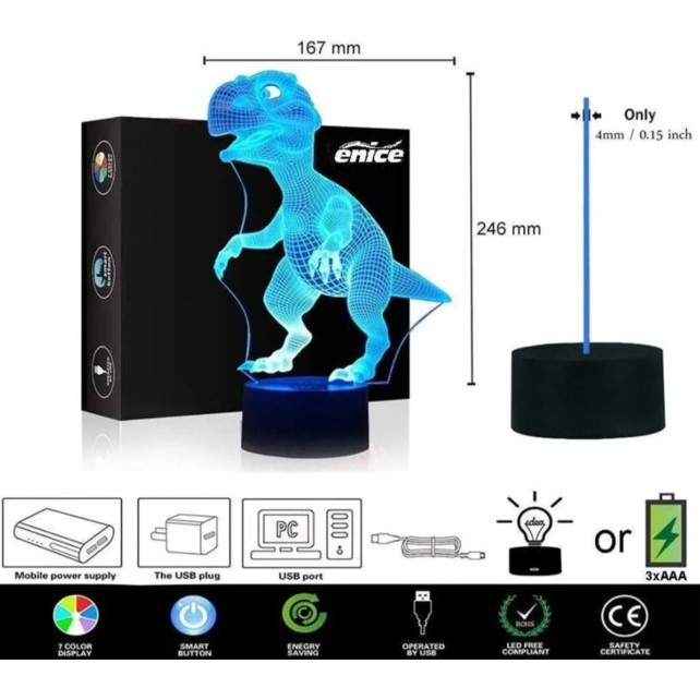Lampara De Noche Usb Con Forma De Dinosaurio 3d