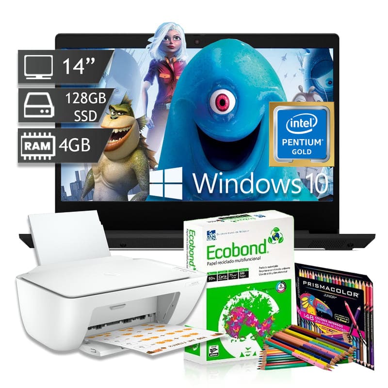 Laptop Lenovo Ideapad 3 Pentium Gold Ssd 128gb Ram 4gb W10 + Impresora  multifuncional + 500 hojas + caja de colores