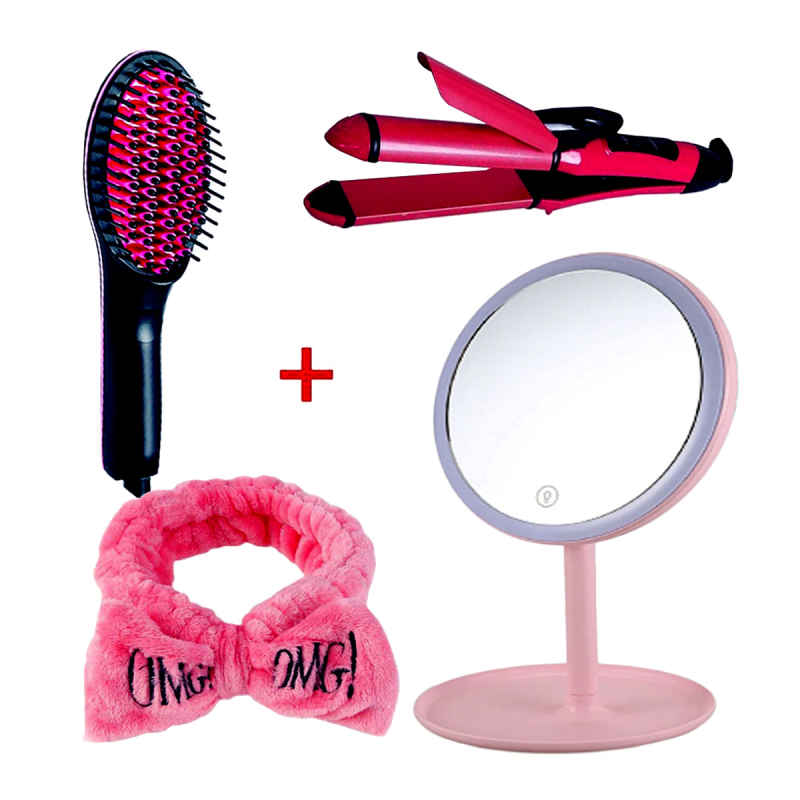 Kit-Rizador y Plancha para cabello + Cepillo Eléctrico Rizador + Espejo LED Circular + Diadema.