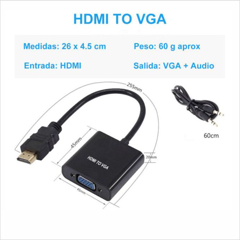 CONVERTIDOR ADAPTADOR HDMI A VGA CON AUDIO  3.5 MM