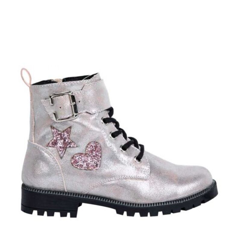 Bota Metálica Tipo Militar Para Niña Plateada Con Figuras 326