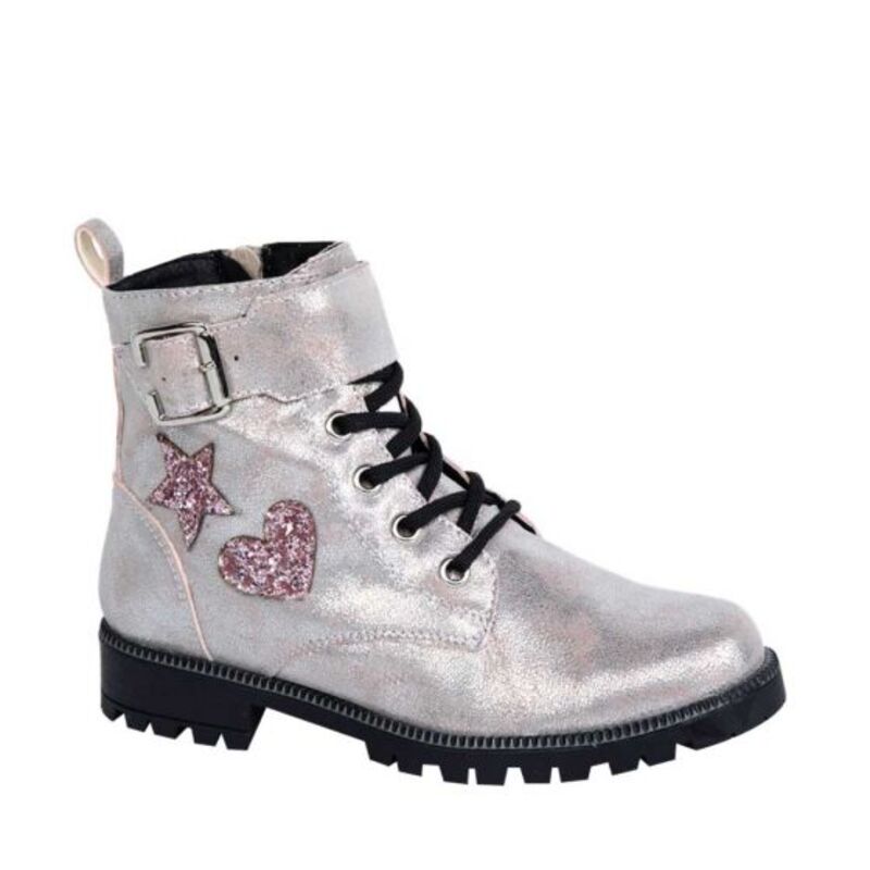 Bota Metálica Tipo Militar Para Niña Plateada Con Figuras 326