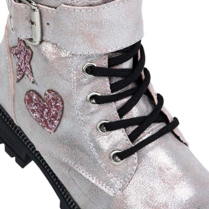 Bota Metálica Tipo Militar Para Niña Plateada Con Figuras 326
