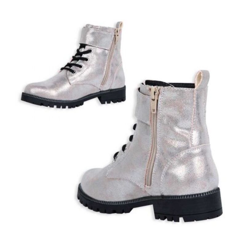 Bota Metálica Tipo Militar Para Niña Plateada Con Figuras 326
