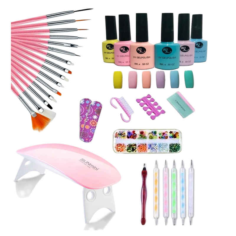 Gelish Uñas Básico, lampara Uv, Nail Drill, Esmaltes y Pinceles Kit de Manos 45 Pzas