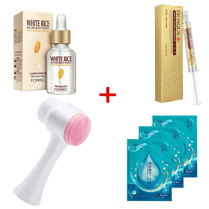 Set de Suero de Arroz + Colágeno + Mascarillas de Ácido Hialurónico+ Cepillo Limpiador