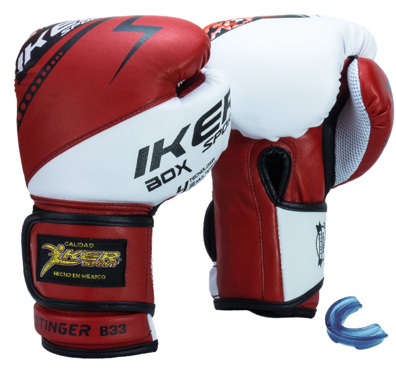 Guantes de box STINGER B33 Talla 14 Rojo IKER SPORT Kick Boxing y Protector BUCAL MMA Entrenamiento Profecional MULTICAPAS 