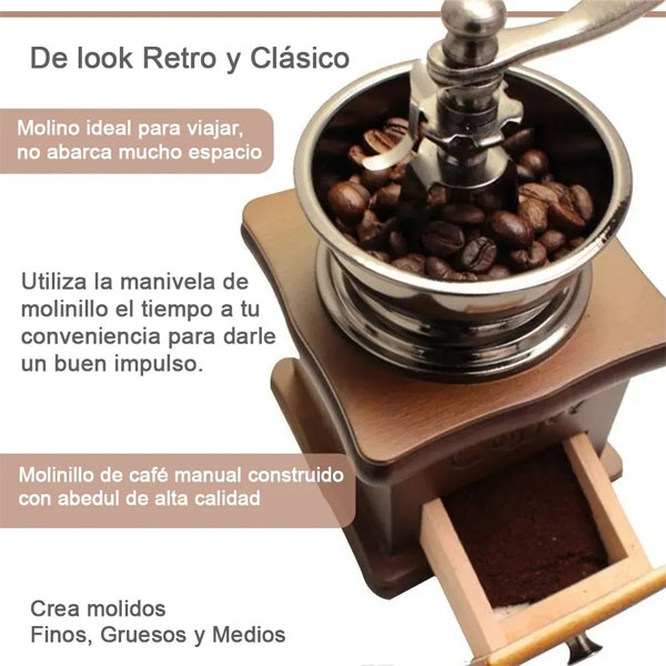 Molinillo de café manual, molino de grano de café de madera