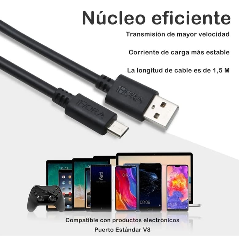 Cable Tipo V8 USB Carga Rapida Uso Rudo (Para Carga y Transferencia de Datos) USB 2.0 Blanco