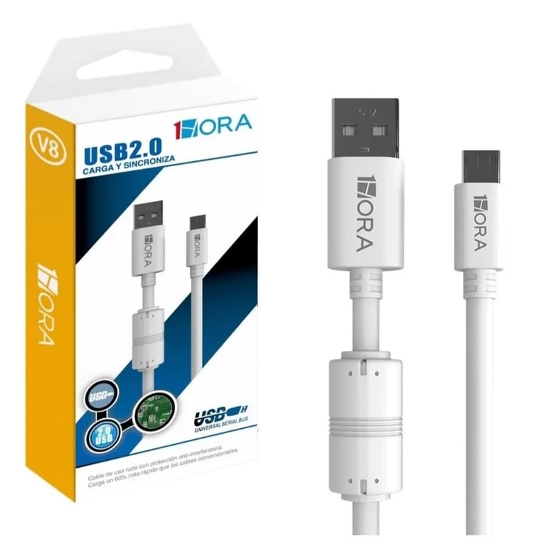 Cable Tipo V8 USB Carga Rapida Uso Rudo (Para Carga y Transferencia de Datos) USB 2.0 Blanco