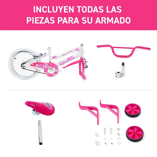 Bicicleta para niña Unibike Girl Power Rodada 16, Blanco-Rosa, con rueditas de entrenamiento
