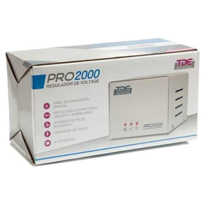 TDE Power Technology , Pro 2000. Regulador de Voltaje y supresor de Picos con Capacidad de 2000WATTS / 16 Amperes. Acondicionador de Voltaje. para Cuatro Equipos de Alto Consumo