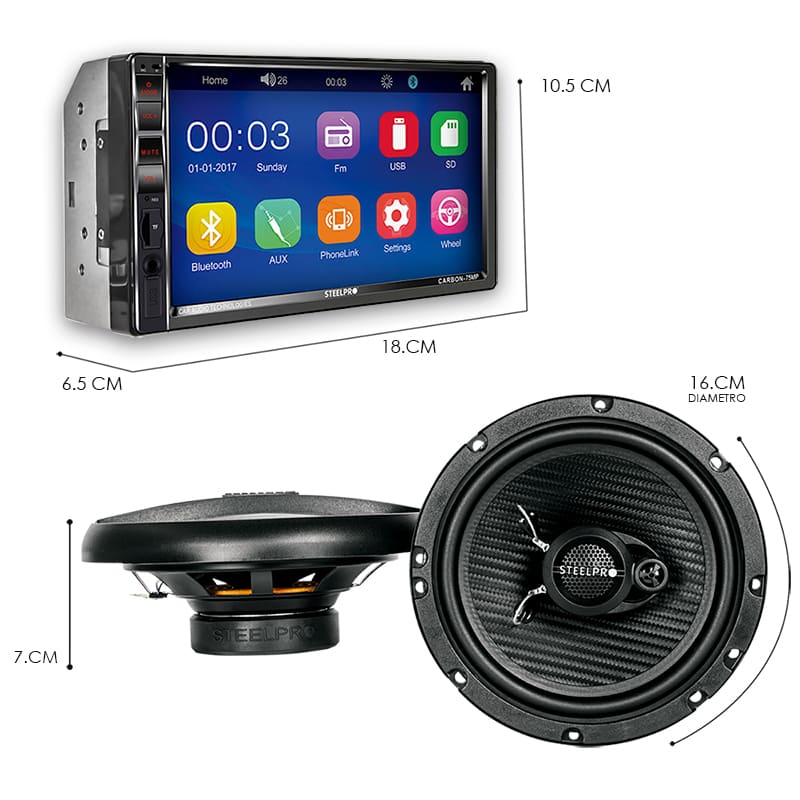 Steelpro Kit Autoestereo con Camara de Reversa y Par de Bocinas 6.5" LCD, Mirror Link, Bluetooth USB, SD Card
