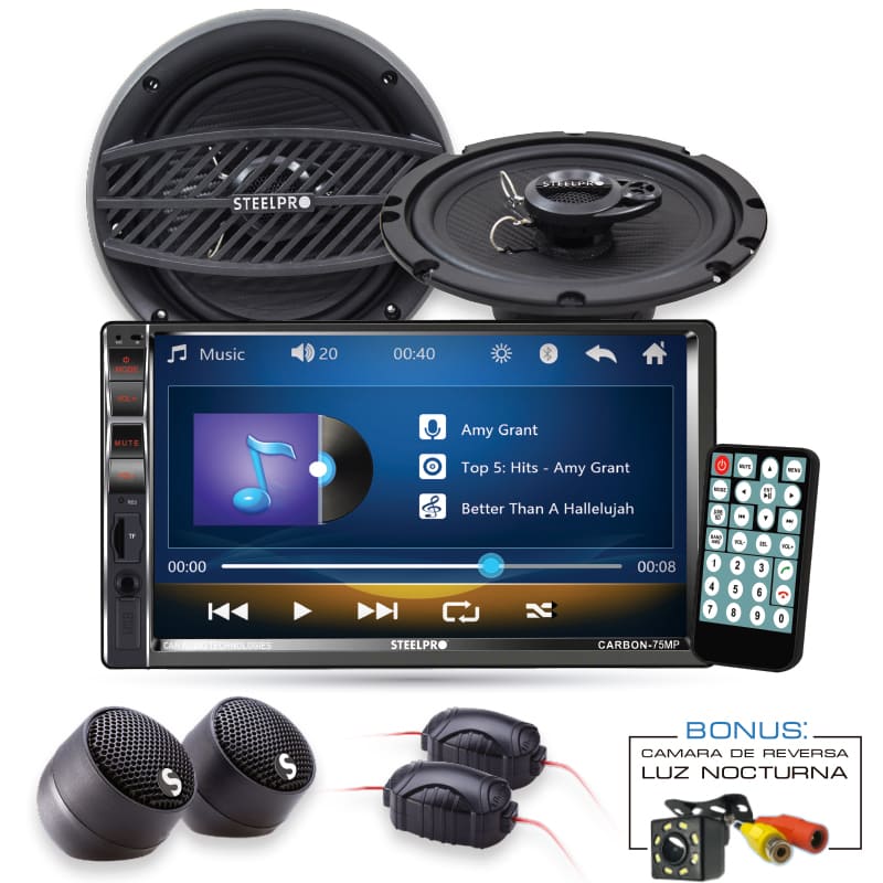 Steelpro Kit Autoestereo con Camara de Reversa y Par de Bocinas 6.5" LCD, Mirror Link, Bluetooth USB, SD Card