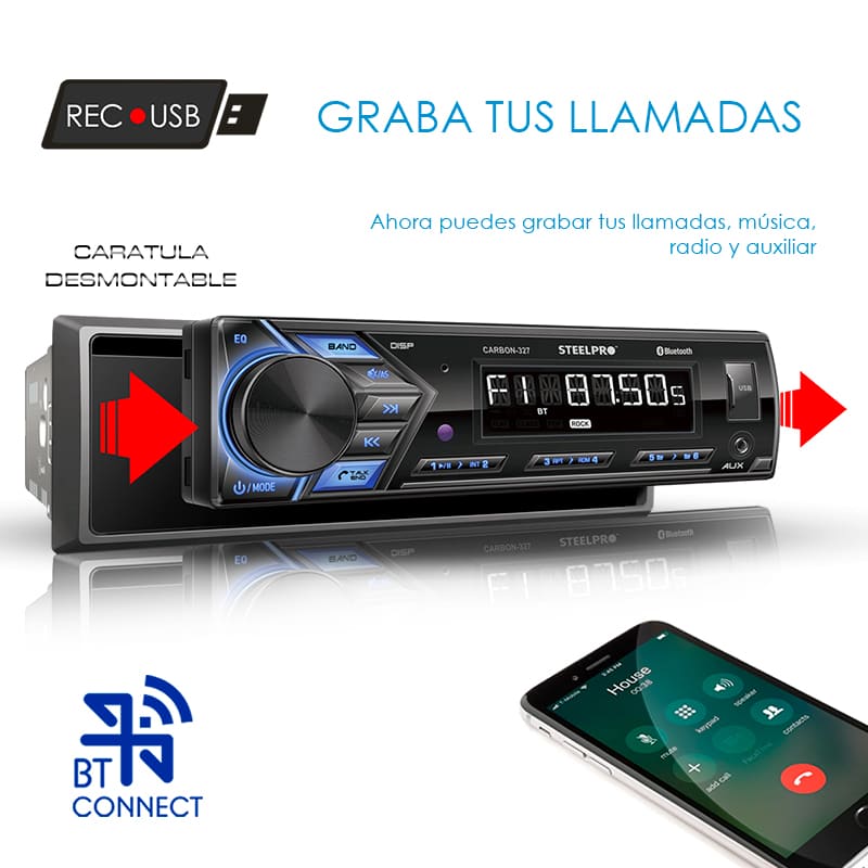 Autoestereo Caratula Desmontable, Bluetooth, USB, Aux - Steelpro