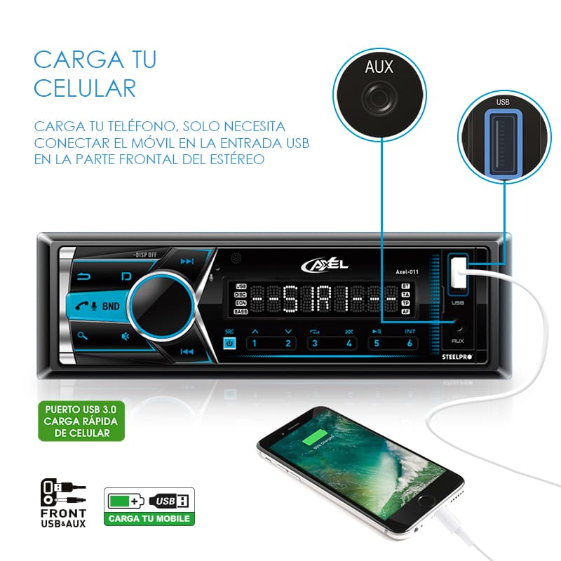 Steelpro Autoestereo 1 DIN con Caratula Desmontable, Siri Voice y Google App, Bluetooth - Axel Premium
