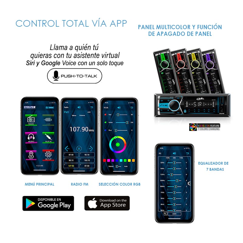 Steelpro Autoestereo 1 DIN con Caratula Desmontable, Siri Voice y Google App, Bluetooth - Axel Premium