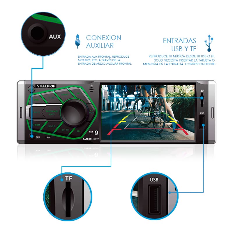 Autoestereo con Pantalla 1 DIN - Mirrorlink, Bluetooth, USB, Sd card, Auxiliar - Steelpro