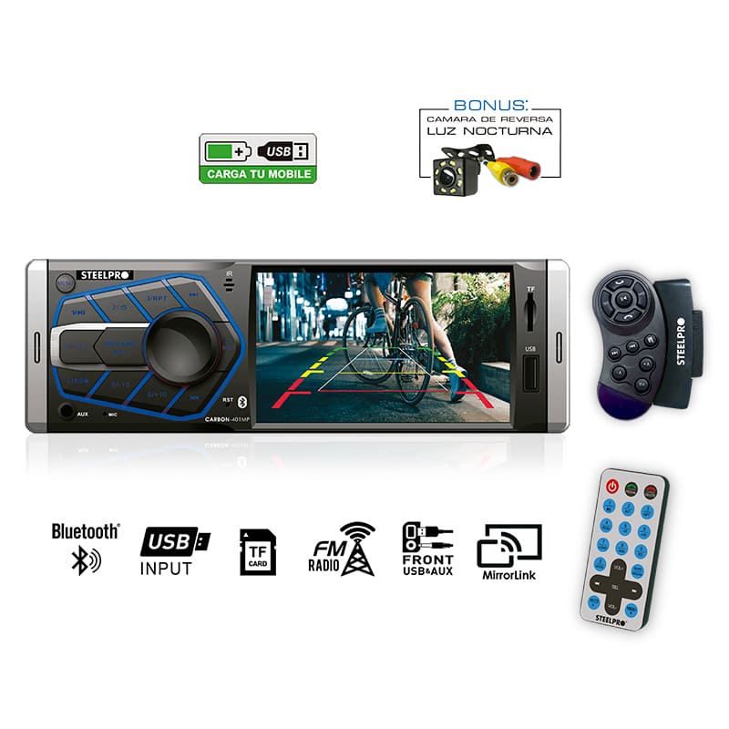 Autoestereo con Pantalla 1 DIN - Mirrorlink, Bluetooth, USB, Sd card, Auxiliar - Steelpro