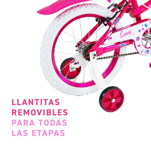 Bicicleta para niña Unibike Sunny Rodada 16, Rosa Metálico, con rueditas de entrenamiento