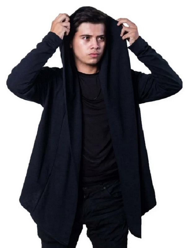 Suéter Largo Cardigan con Capucha, Manga Larga, Hoodie Negro, Hombre.
