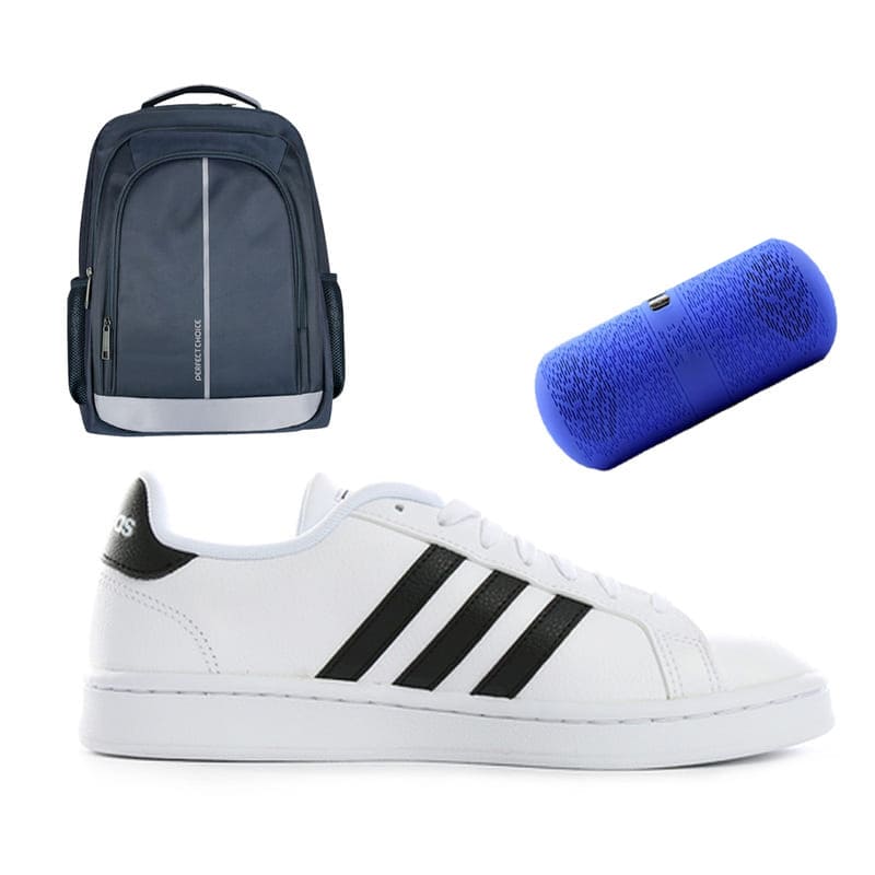 Tenis adidas Grand Court Blanco/negro - F36483 + Mochila + Bocina