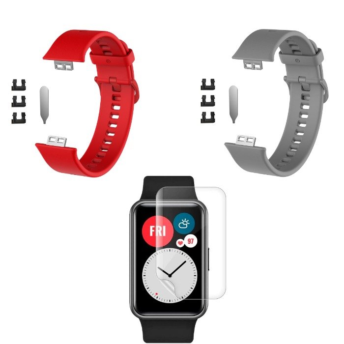 2 correas Huawei Watch Fit en Rojo y gris claro + 3 micas protectoras TPU