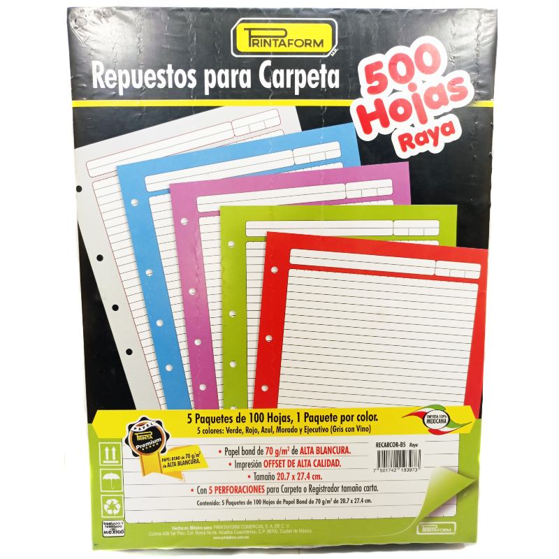 Hojas De Repuesto Para Carpeta 500 Hojas - 100 Hojas Por Color