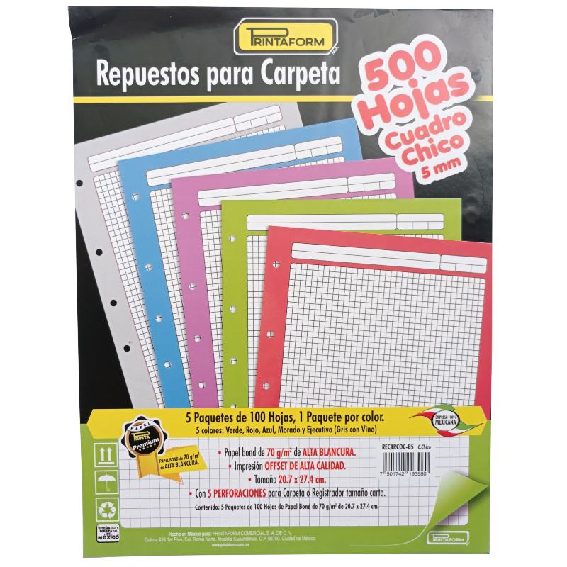 Hojas De Repuesto Para Carpeta 500 Hojas - 100 Hojas Por Color