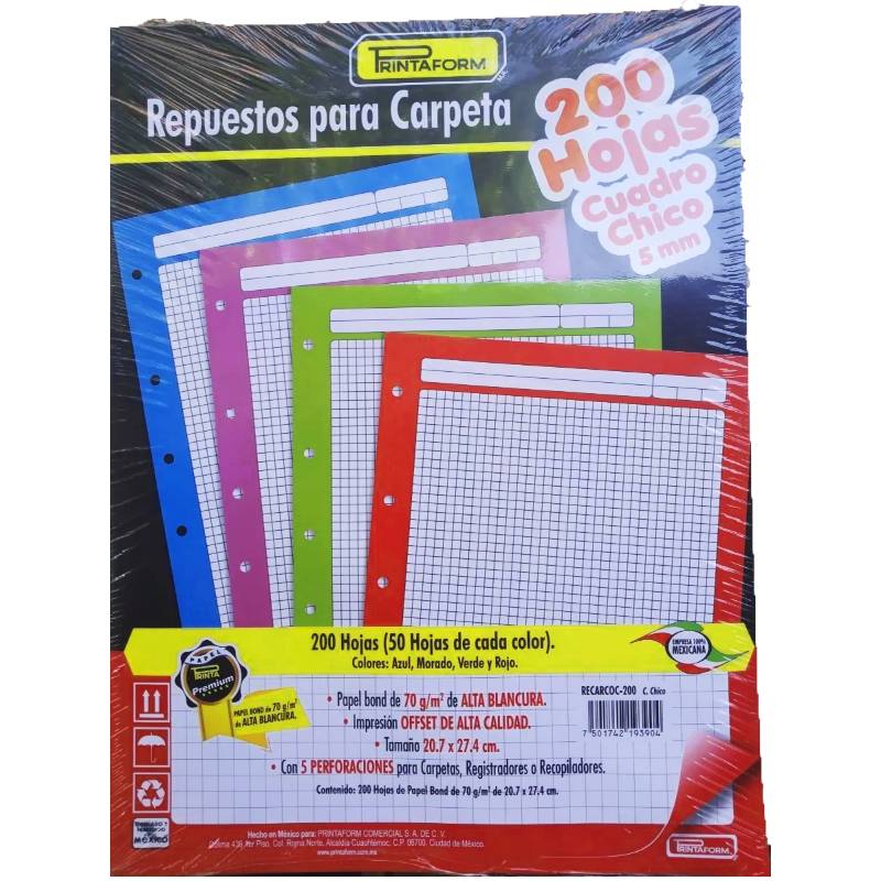 Hojas De Repuesto Para Carpeta 500 Hojas - 100 Hojas Por Color
