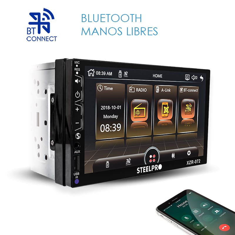 Autoestéreo Pantalla Táctil 7" Bluetooth, Mirror Link, 2 DIN- Steelpro 