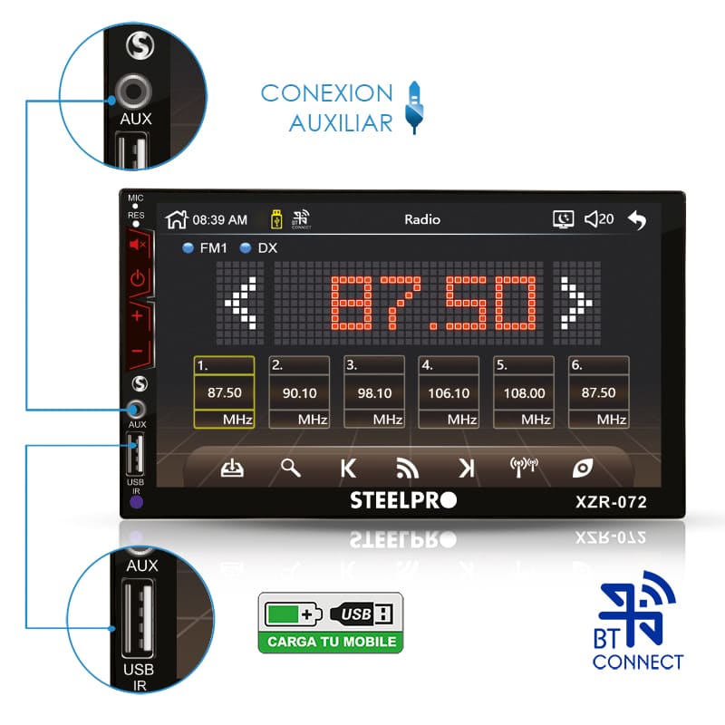 Autoestéreo Pantalla Táctil 7" Bluetooth, Mirror Link, 2 DIN- Steelpro 