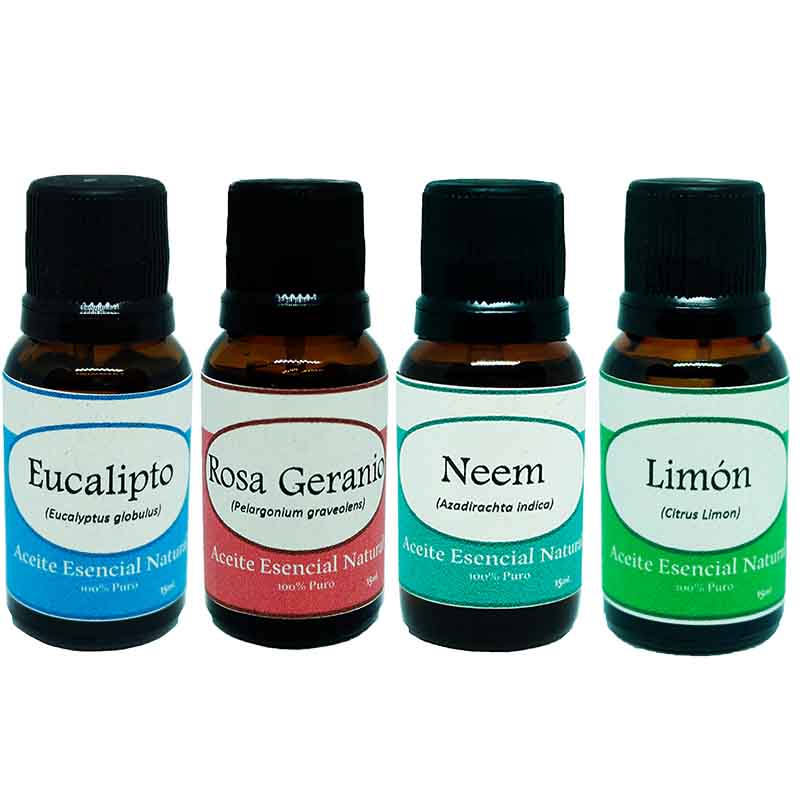 Eucalipto Rosa Geranio Neem Limon Aceite Esencial Natural 4 Frascos Kit Krisamex