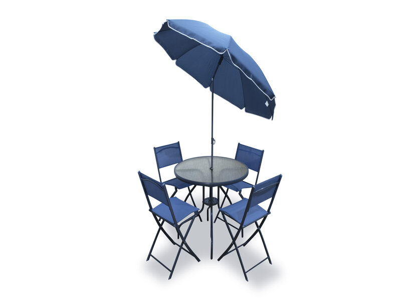 Comedor Exterior Milán De Acero C/4 Sillas Y Sombrilla Azul