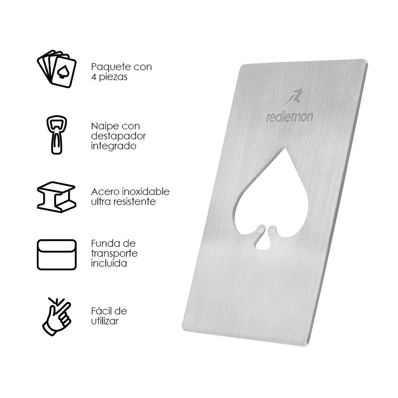 Destapador de Botellas Forma de Baraja 4 Pz Acero Redlemon