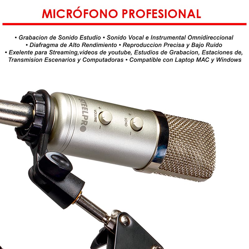 Microfono Profesional Cardioide Condensador Unidireccional De Alta Sensibilidad Con Eco- Steelpro 