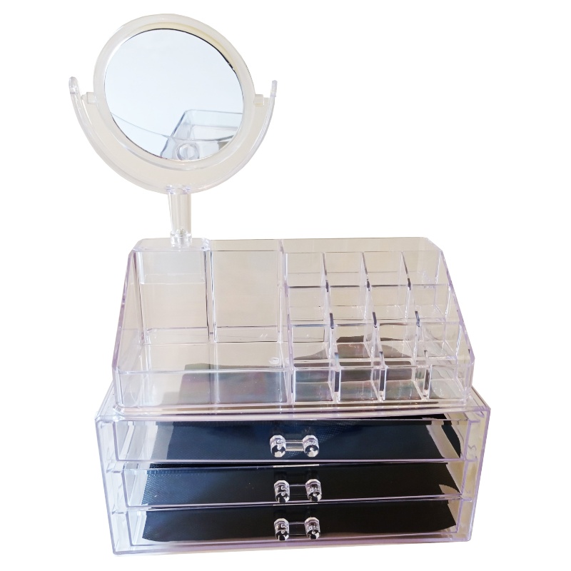 Organizador Para Maquillaje Con Espejo de Acrílico Caja Organizadora Cosmetiquera - 3 piezas