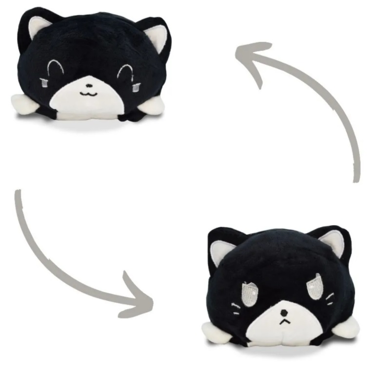 Peluche de gato feliz enojado kawaii reversibles. Negro- blanco.