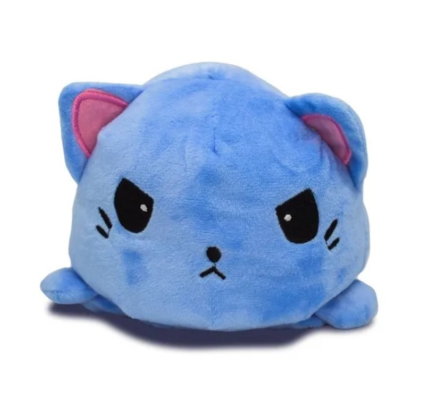 Peluche de gato feliz enojado kawaii reversibles. Azul