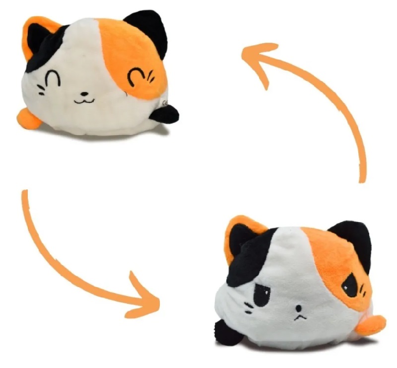 Peluche de gato feliz enojado kawaii reversibles. Negro- blanco.