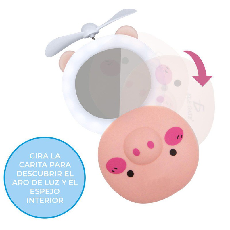 ESPEJO CON LUZ LED  Y VENTILADOR DE CERDITO  RECARGABLE